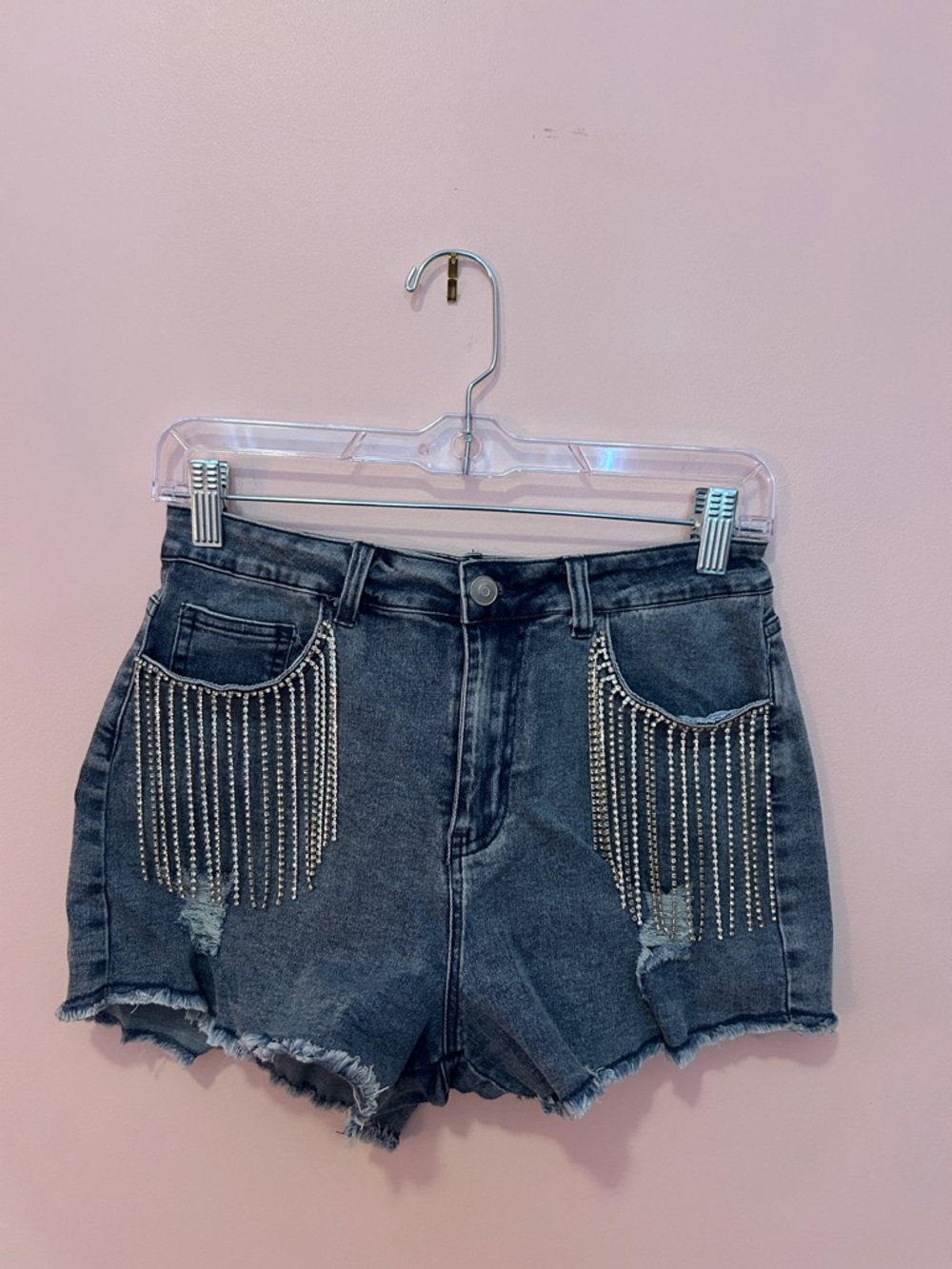 Altar'd State Black Rhinestone Fringe High-Waist Denim Shorts